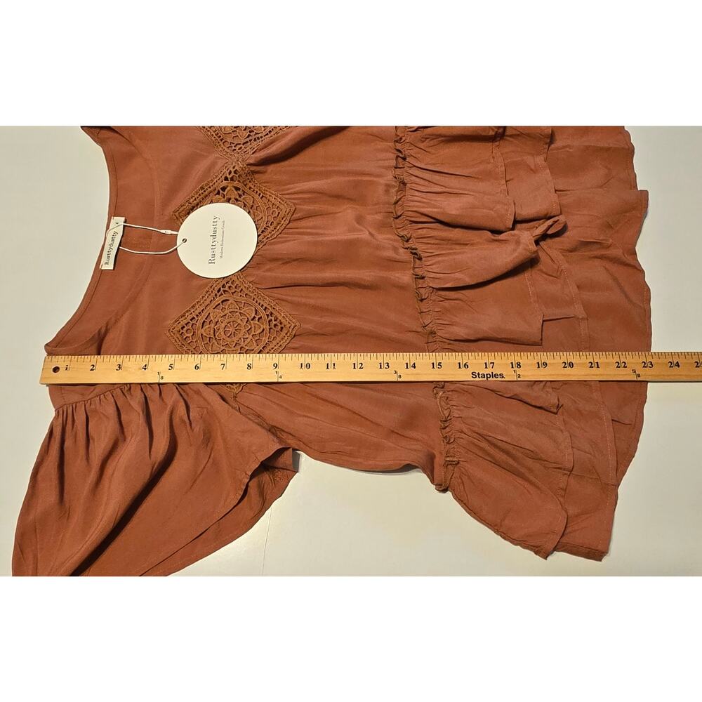 Rusttydustty Top Womens Size Medium Rust Brown Peplum Hem Bohemian Festival NWT - Picture 8 of 8